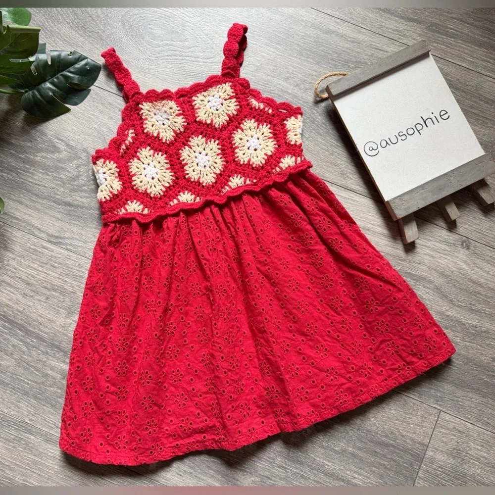 Zara Red Yellow and White Crochet and Eyelet Kids Dress. Size 1.5 Years